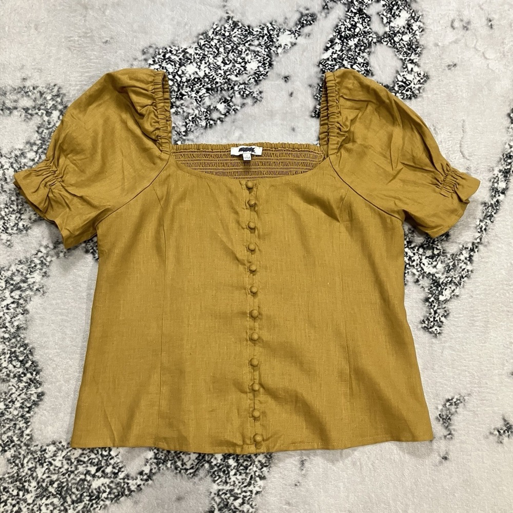 Madewell‎ Puff Sleeve Top Size 0 Mustard Button Front Square Neck NWOT